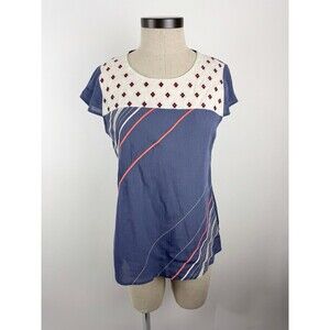 THML Top Women's Blue Embroidered Stripe Short Sleeve Boho Blouse